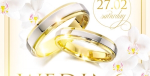 تراکت و پوستر لایه باز کارت دعوت عروسی بسیار زیبا + PSD دانلود پوستر ازدواج با عکس حلقه های زیبا و پس زمینه گلهای سفید و حاشیه های طلایی