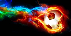عکس با کیفیت توپ فوتبال در حال حرکت با نورهای رنگارنگ و درخشان نشان دهنده سرعت توپ در پس زمینه مشکی