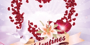 کارت تبریک یا دعوت لایه باز روز ولنتاین با تصاویر قلب های قرمز بزرگ و کوچک و گل های لیلیوم و کبوتر سفید
