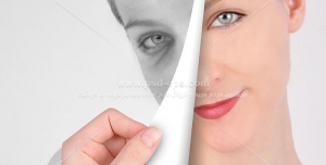 عکس با کیفیت گریم حرفه ای صورت مورد استفاده آرایشگاه های بانوان با نیمی از صورت با تم سیاه و سفید و حالت پیری و نیمی از صورت رنگی و جوان
