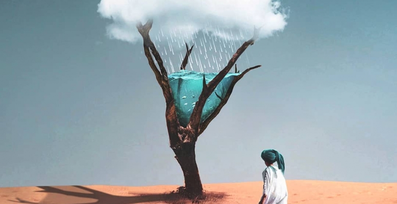 تصویر سازی زیبای کمبود آب در دل کویر با نمایش کودک، درخت و ابر پر باران