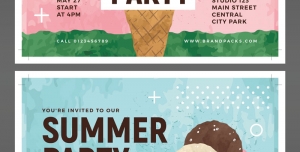 تراکت لایه باز تبلیغاتی جشن های تابستانه برای کودکان و نوجوانان در مدارس و موسسات آموزشی با نقاشی آبرنگی از بستنی قیفی و زمینه با رنگ صورتی و یک رو آبی