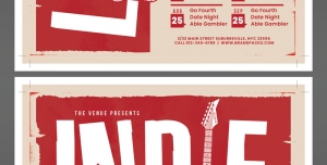 تراکت لایه باز تبلیغاتی کنسرت موسیقی اجرای زنده با تصویر گیتار و طراحی فانتزی و رنگ غالب قرمز و سفید