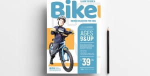 پوستر یک لت لایه باز تبلیغاتی دوچرخه سواری و دوچرخه رانی با رنگ های زرد و فیروزه ای یا دانلود تراکت لایه باز کلاس آموزش دوچرخه سواری کودکان