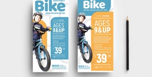 بروشور یک لت لایه باز تبلیغاتی دوچرخه سواری و دوچرخه رانی با رنگ های زرد و فیروزه ای و سفید یا د انلود بروشور کلاس آموزش دوچرخه سواری کودکان