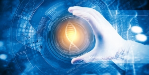 عکس با کیفیت با نماد مولکول DNA در دست متخصص خون و دانشمندان ژنتیک با رنگ آبی پس زمینه