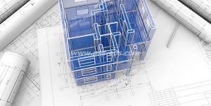 عکس با کیفیت ماکت سه بعدی یا تری دی آبی رنگ اسکلت آپارتمان مسکونی در کنار نقشه و پلان های ساختمان