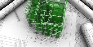عکس با کیفیت ماکت سه بعدی یا تری دی سبز رنگ اسکلت آپارتمان مسکونی در کنار نقشه و پلان های ساختمان