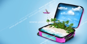 عکس با کیفیت تصویری فانتزی از چمدانی حاوی جزیره ای با دریا و آسمان آبی و هواپیمایی در حال پرواز به سمت جزیره