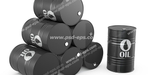 عکس با کیفیت بشکه های سیاه نفت چیده شده بر روی هم و یک بشکه ایستاده نفت با آیکون و علامت نفت