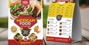 پوستر یا تراکت تبلیغاتی لایه باز تبلیغاتی رستوران غذاهای مکزیکی یا انواع فست فود با منوی غذاها