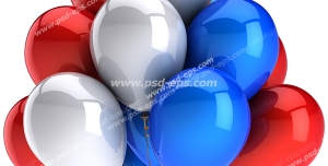 عکس با کیفیت دسته بادکنک رنگارنگ درخشان با رنگ های سفید ، آبی و قرمز و زمینه سفید
