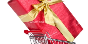 عکس با کیفیت نمادین هدیه خرید از فروشگاه ها با کاغذ کادوی قرمز و روبان زرد درون سبد خرید