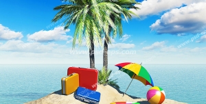 عکس با کیفیت جزیره کوچک با درختان نارگیل و چمدان های رنگی و چتر و ... در کنار ساحل آن