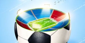 عکس با کیفیت استادیوم ورزشی درون توپ فوتبال با زمینه آبی