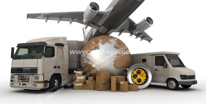 عکس با کیفیت ماکت زمین در کنار کامیون ، هواپیما و ماشین های سنگین در کنار کارتون های کالا