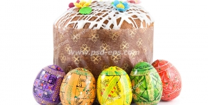 عکس با کیفیت کیک خانگی به همراه تخم مرغ های رنگی چیده شده دور آن