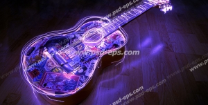 عکس با کیفیت تصویری فانتزی از گیتاری با رنگ ها و طرح های مختلف بر روی پارکت چوبی