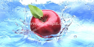 عکس با کیفیت سیب قرمز شناور در درون آبی صاف و زلال