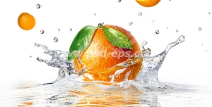 عکس با کیفیت پرتقال سالم و آبدار و تکه های آن در حال افتادن در درون آب