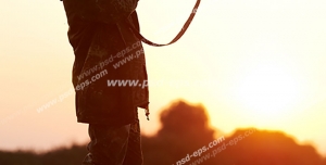 عکس با کیفیت شکارچی در چمنزار با تفنگ شکاری در دست در حال شکار پرنده هنگام غروب آفتاب
