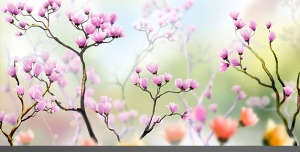 نقاشی یا طرح لایه باز درختان بهاری با شکوفه های صورتی و نارنجی