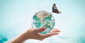 عکس با کیفیت کره زمین شیشه ای و پروانه ای بر روی آن در دستان بانویی با زمینه آب