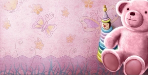 نقاشی طرح لایه باز خرس عروسکی صورتی رنگ به همراه حلقه های بازی با زمینه کاغذ رنگی صورتی با طرح گل و پروانه