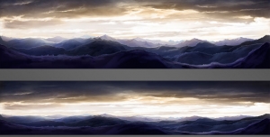 نقاشی لایه باز طبیعت زیبای کوهستان با آسمان نیمه ابری و تلالو نور از پشت ابرها