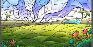 نقاشی و طرح لایه باز نقاشی روی شیشه از دشت سرسبز پر از گل و آسمان آبی و ابری