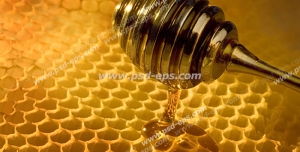 عکس با کیفیت قاشق پر از عسل استیل در حال برداشتن عسل از موم آن