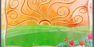 نقاشی و طرح فانتزی لایه باز دشتی سرسبز با لاله های سرخ و خورشیدی درخشان و سوزان
