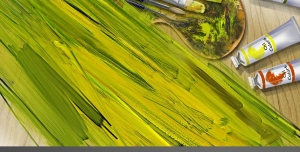 نقاشی طرح لایه باز رنگ های روغنی نقاشی به همراه قلم موهایی در سایزهای مختلف با رنگ سبز و زرد کشیده شده در تصویر