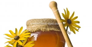 عکس با کیفیت شیشه عسل در کنار گل های بابونه و قاشق چوبی مخصوص عسل