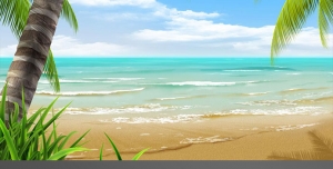 نقاشی طرح لایه باز زیبایی از ساحل جزیره ای با نخل ها و دریایی مواج و آسمان آبی