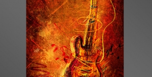 طرح و نقاشی لایه باز گیتار با رنگ های زرد و نارنجی به شکل نقاشی با مداد رنگی