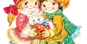 نقاشی فانتزی با کیفیت گربه سفید کوچک در دستان دختر و پسر با لباس های گرم زمستانی