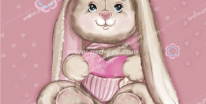 نقاشی فانتزی با کیفیت خرگوش کرمی رنگ با قلب های صورتی در دست و روبان صورتی