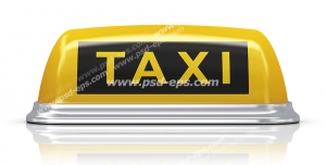 عکس با کیفیت نمای روبرو از علامت زرد رنگ کابین تاکسی برای بالای خودرو با متن TAXI