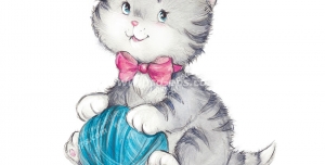 نقاشی فانتزی با کیفیت گربه خط خطی توسی و خاکستری رنگ در حال بازی با گلوله نخ بافتنی آبی