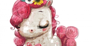نقاشی و طرح فانتزی اسب شاخدار سفید و کوچک با یال های صورتی و گل های زیبا بر سر