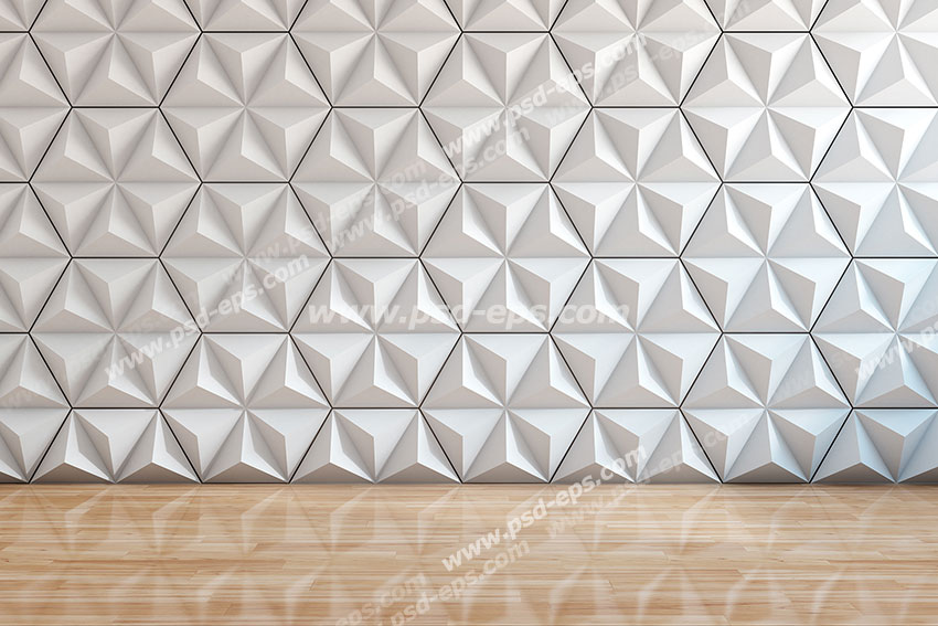 عکس با کیفیت دیوارپوش سه بعدی با کف پارکت و دیوار با الگوی شش ضلعی های متشکل از مثلث های کوچک در کنار هم