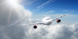عکس با کیفیت نمای روبرو از هواپیما در حال پرواز بر فراز ابرها در میان تلالو نور خورشید