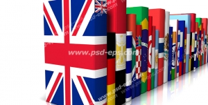 عکس با کیفیت نمادین کتاب های آموزشی زبان های خارجی اروپایی با تصویر کتاب های دارای جلد پرچم کشورهای اروپایی