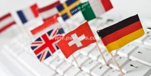 عکس با کیفیت پرجم کشورهای مختلف بر روی صفحه کلید با پیام تایپ متن به زبان و نوشتارهای خارجی