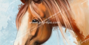 عکس با کیفیت نقاشی آبرنگ پرتره و چهره اسبی قهوه ای با یال های قهوه ای و زمینه آبی روشن