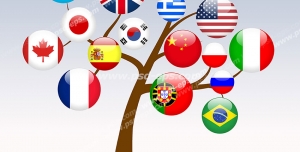 طرح یا نقاشی فانتزی آموزشی برای کودکان با تصویر پرچم کشورهای مختلف بر روی شاخه های درخت