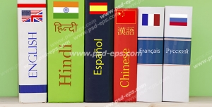 عکس با کیفیت کتاب های آموزش زبان های خارجی در کنار هم از جمله زبان های فرانسوی ، چینی ، اسپانیولی ، هندی و انگلیسی