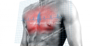 عکس با کیفیت آقایی با درد در ناحیه قفسه سینه نشان دهنده درد قلبی به همراه نوار ضربان قلب