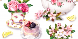 عکس با کیفیت تبلیغاتی ست قوری و فنجان گل سرخ به روی میز تزئین شده با گل و کاپ کیک